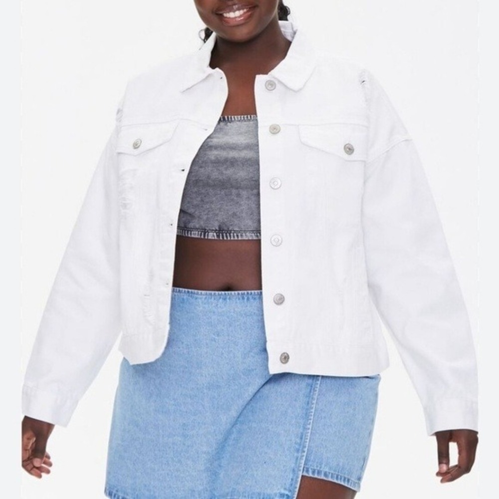 Forever 21 Girly Grunge Distressed White Crop Denim Jean Jacket